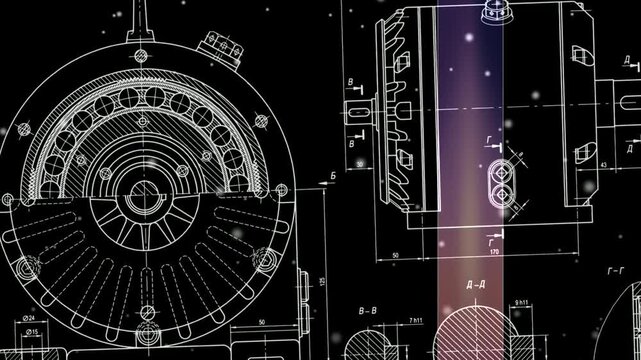 Video animation with assembly drawing of reducer, motor, gearbox, engine, worm gear. Animated motion effect. Engineering technical design of mechanical part of construction machine. 