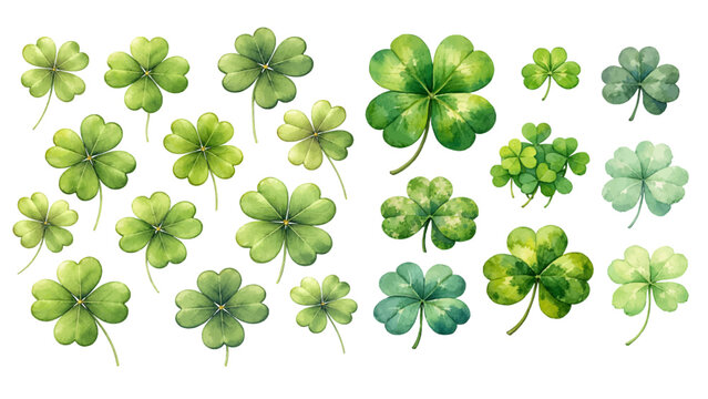 A charming watercolor collection of green clovers, including four-leaf shamrocks, delicate stems, and soft gradient leaf variations.