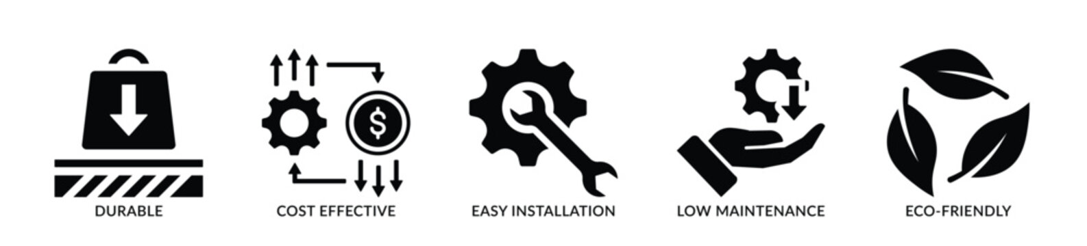 Durability, cost effective, easy installation, low maintenance and eco friendly icon. Set of Product label icon - Stock Vector 
