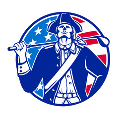 Retro logo style illustration of an American revolutionary soldier patriot golfer with golf club golfing viewed from front set inside circle with USA flag on isolated background.