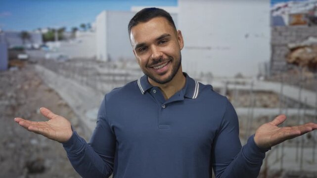 Man wearing blue polo shirt shrugs palms at a building site in broad daylight while smiling slightly; uncertainty.