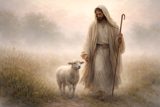 Jesus leaves the ninety nine watercolor illustration. Good shepherd seeking the lost sheep. Christian faith inspired spiritual wall art scene
