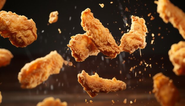Freeze motion of flying pieces of fried chicken pieces