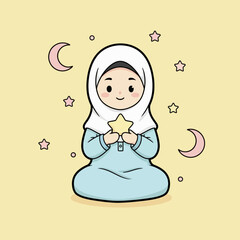 Obraz premium Cute Muslim Girl Holding a Star with Crescent Moon and Stars Background.