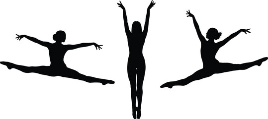 Ballet dancers silhouette vector illustration set, graceful female ballerinas performing jumps and poses isolated on white background, classical dance art concept © Hello there