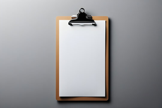 Minimalist wooden clipboard with blank white paper on a grey background. Professional mockup for checklists, medical records, or business notes with copy space for design.