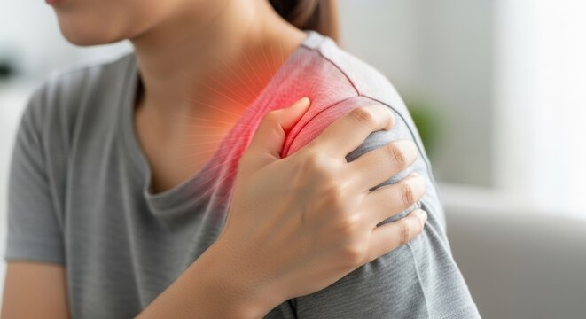 Closeup of woman suffering from strong shoulder pain with red glowing spot indicating inflammation area, healthcare and medical concept