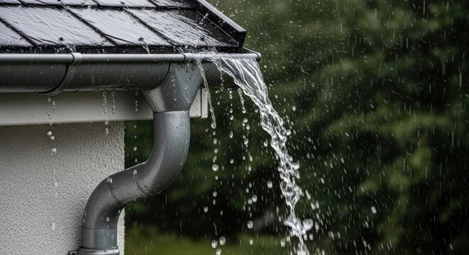 Heavy rain water overflowing from a blocked metal roof gutter on a house during a severe storm downpour.