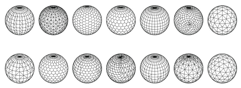 Professional set of 14 3D wireframe sphere icons with geometric mesh patterns like hexagonal and triangular grids for technology and science design on white