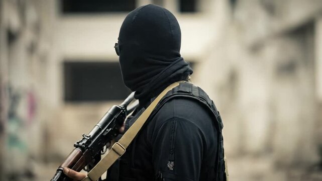 Masked Man with Assault Rifle in Urban Warfare Setting