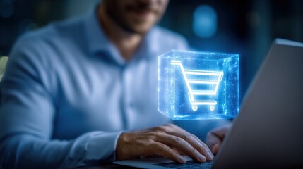 A man is typing on a laptop with a shopping cart icon on the screen
