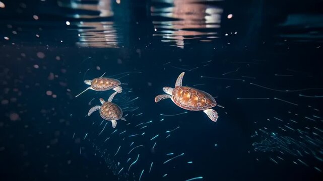 Three baby sea turtles swimming gracefully underwater in the deep blue ocean.