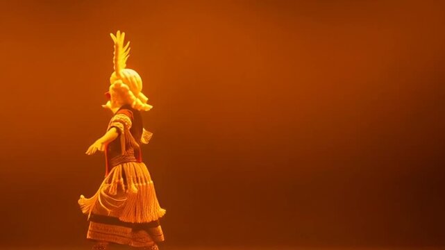 Three dancers in traditional costumes perform on stage with warm lighting.