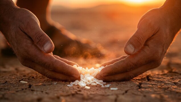 Weathered Hands Gathering Shimmering Manna in Golden Desert Light, Divine Provision.