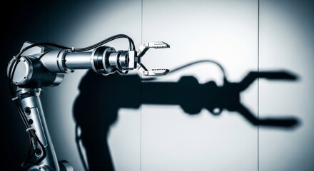 Sleek industrial robotic arm casting a dramatic, elongated shadow across a sterile, pristine white laboratory wall. Cinematic minimalism, geometry, modern, abstract