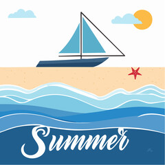 Naklejka premium Abstract minimal summer horizontal poster, cover, card with blue sea waves, yacht, beach sand and modern typography.