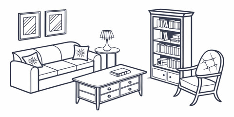 Fototapeta premium A cozy living room with a comfortable sofa, armchair, and bookshelf.