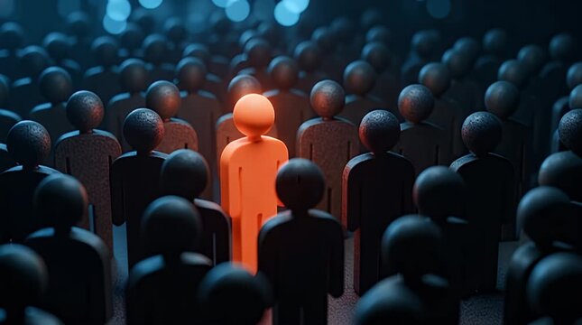 Brightly illuminated orange human figure stands out distinctly amongst a large dark crowd representing individuality leadership and uniqueness in a conceptual representation of difference