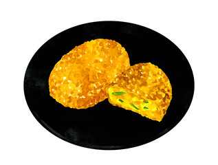お皿に盛り付けたかぼちゃコロッケ　料理・食べ物の手描き水彩イラスト素材