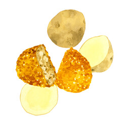 コロッケとじゃがいものセット　料理・食べ物の手描き水彩イラスト素材