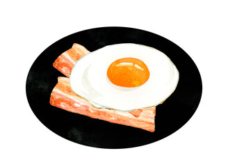 お皿に盛り付けたベーコンエッグ（目玉焼き）　卵料理の手描き水彩イラスト素材