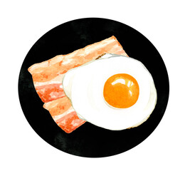 お皿に盛り付けたベーコンエッグ（目玉焼き）　卵料理の手描き水彩イラスト素材
