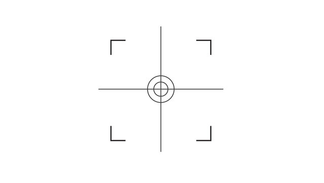 Camera viewfinder crosshair with target and corner markers, minimalist graphic for focus and accuracy