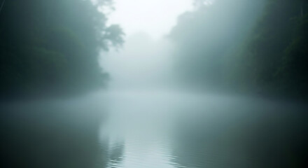 Fototapeta premium Tranquil forest waterway veiled in ethereal fog and natural mystery