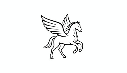 Mythical Pegasus Horse Flying with Wings, Outline Drawing
