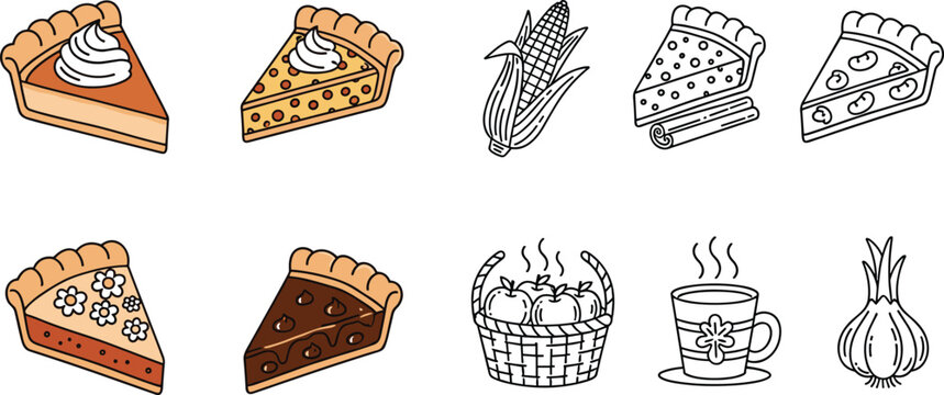 Autumn food illustration set in clean line art style. Pumpkin pie, cornbread, coffee and harvest elements. Seasonal grid design on white background with dark gray border.