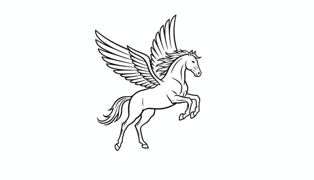 Mythical Pegasus Horse with Wings Flying, Outline Drawing