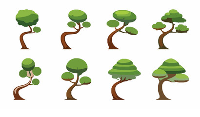 Stylized cartoon trees with curved trunks vector set featuring playful canopy shapes isolated on white background for children illustration © MdAtaur
