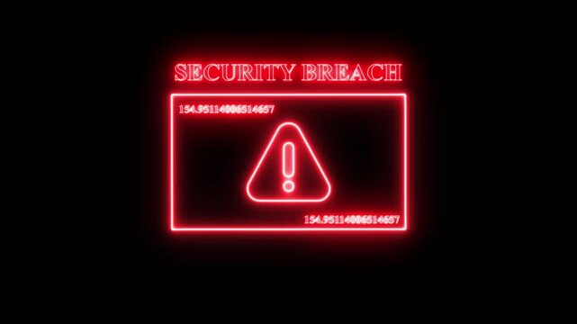 Red Neon Security Breach Warning Alert with Flashing Digital Data and Exclamation Mark on Black Background. Cyber Attack and Network Intrusion Concept Motion Graphic.