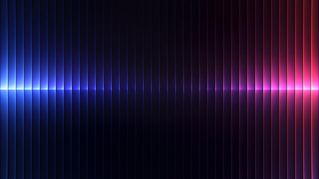 Ribbed glass background with refracted neon light and smooth horizontal glow. Abstract glass texture with fluted structure and glowing linear reflection for technology visuals and innovation concepts