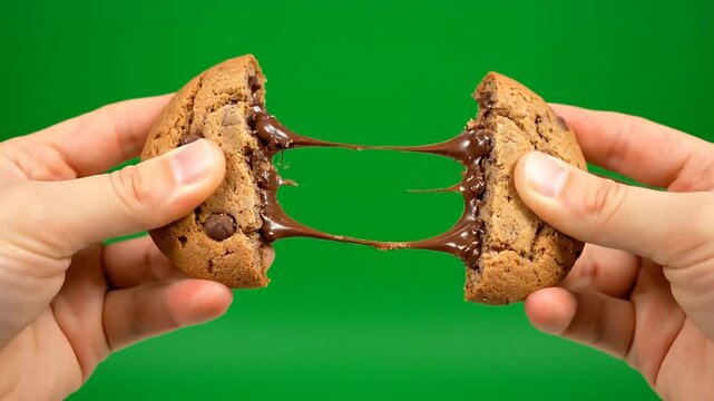 Hands breaking a chocolate chip cookie in half close up