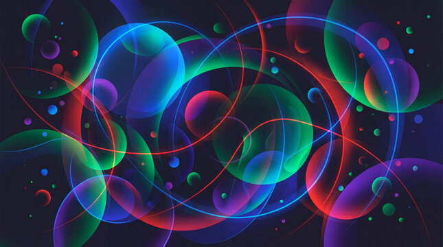 Bunte leuchtende Kreise und Kugeln schwingen dynamisch auf dunklem abstrakten Hintergrund mit Neonlinien