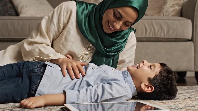 Mother and Son Using Tablet Together.