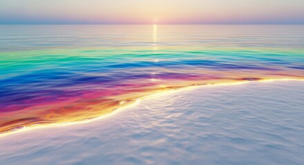 Obraz premium A dazzling hyperreality landscape featuring an ocean composed entirely of radiant, flowing liquid light meeting pristine, luminous, ethereal sands, ultra, surreal, beach