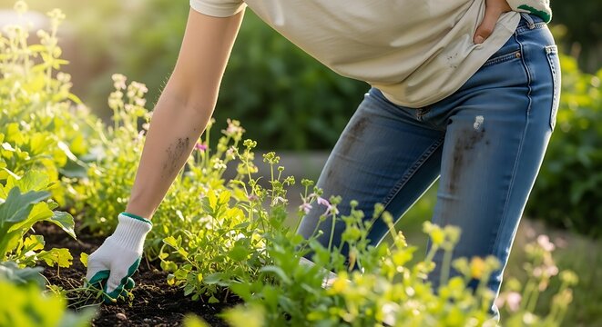 Gardener weeding plants in sunny garden bed