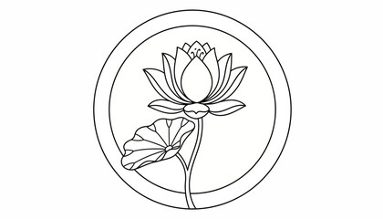 Fototapeta premium Elegant Lotus Flower Outline in Circle, Zen Symbol, Line Art