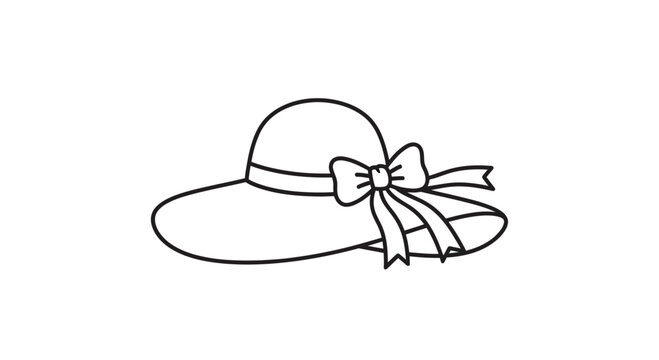 Elegant Wide-Brimmed Sun Hat with Bow Accent, Simple Line Art Illustration