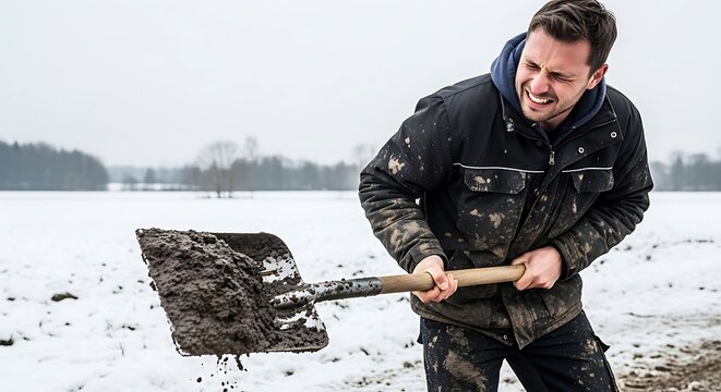 Construction worker shoveling heavy mud in snowy field during winter