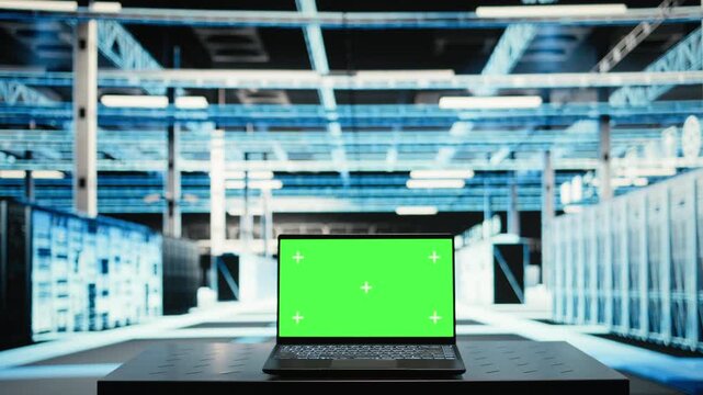 Isolated screen laptop in data center used to optimize server equipment load balancing. Chroma key notebook in high tech server room used to adjust system parameters and improve efficiency