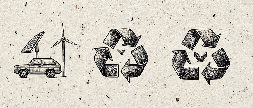 Sustainable Technology Vector Icons Set - Hand Drawn Eco-Friendly Concept Symbols on White Background