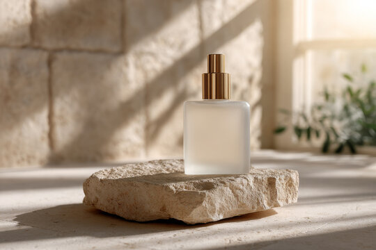Elegant frosted glass cosmetic bottle sits on raw stone, bathed in soft sunlight, highlighting luxurious textures and eco-minimal aesthetic for beauty products