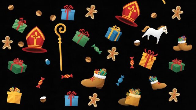 Sinterklaas Pattern with Gifts, Boots, Horse, and Gingerbread Men on Black