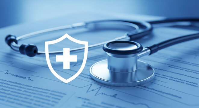 Medical Insurance Shield Icon Over Stethoscope and Medical Chart, Representing Protection and Health Security