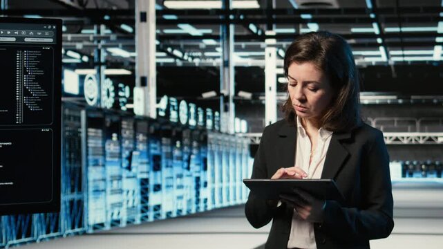 Happy data center female engineer inspecting blue wireframe mesh rigs, VFX compositing. Smiling software developer in server hub looking at hardware AR simulation overlay, camera A
