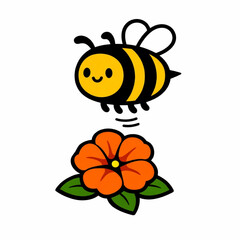 Obraz premium Cute bee flying near a group of garden flowers vector