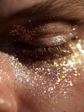 Glitter makeup on skin close up, sparkle and texture, party beauty